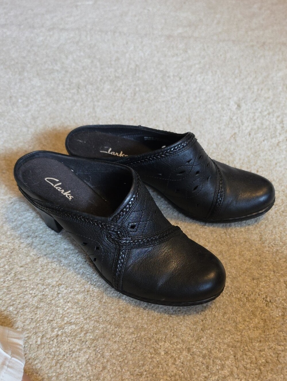 Clarks Black Leather Slip-On Mules with Perforated Detail